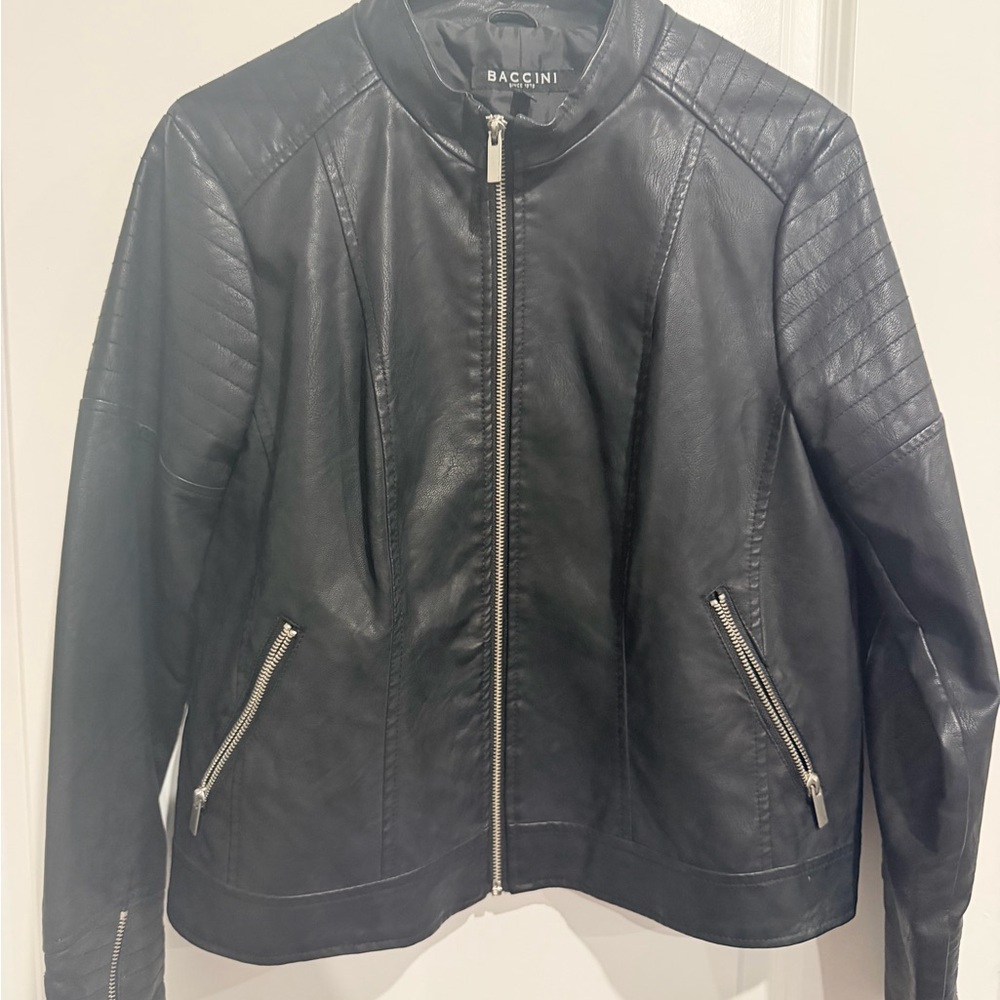 Baccini Black Faux Leather Quilted-Shoulder Zip Jacket